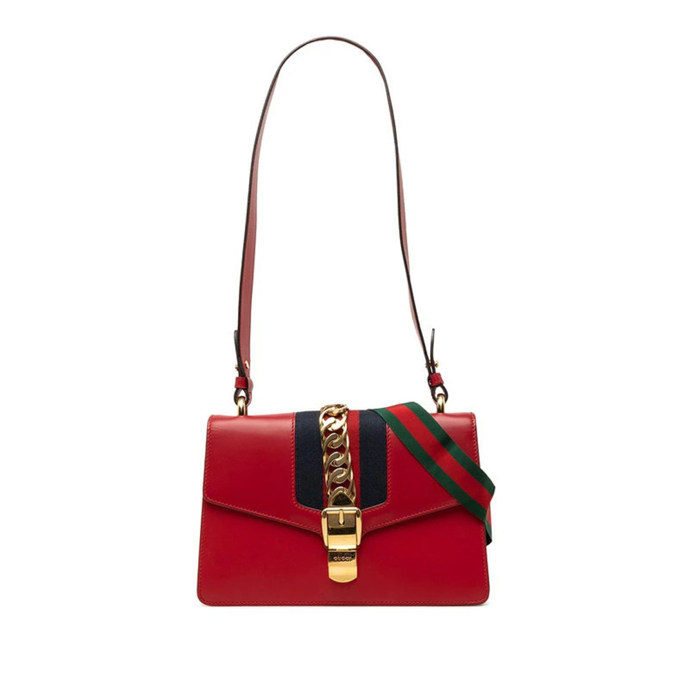 Gucci Sylvie Sherry Shoulder Bag Hobo Red Navy Blue Leather Plated